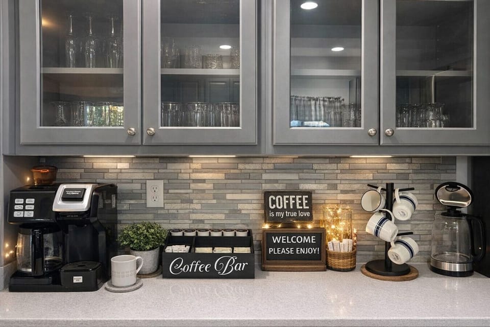 [Coffee station] 3 brewing options: Keurig, ground brew or pour over brew. We supply organic coffees, organic teas and organic sugars including stevia.