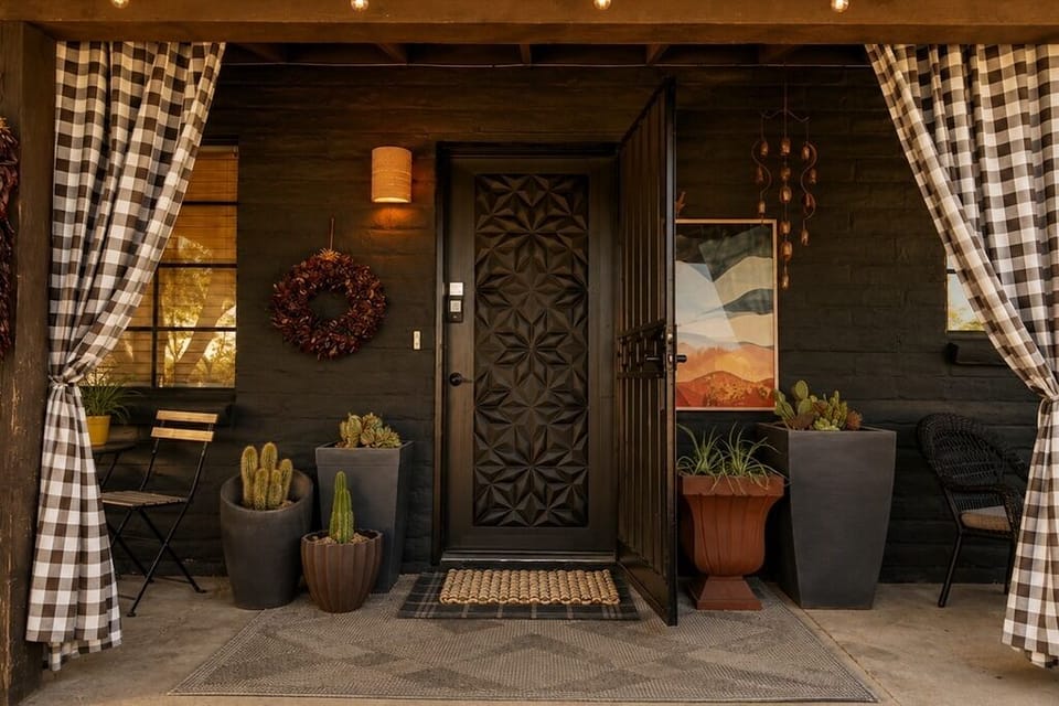 A warm front porch welcome surrounded by desert landscaping.