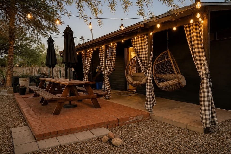 Relax outdoors under the lights on the covered back porch.