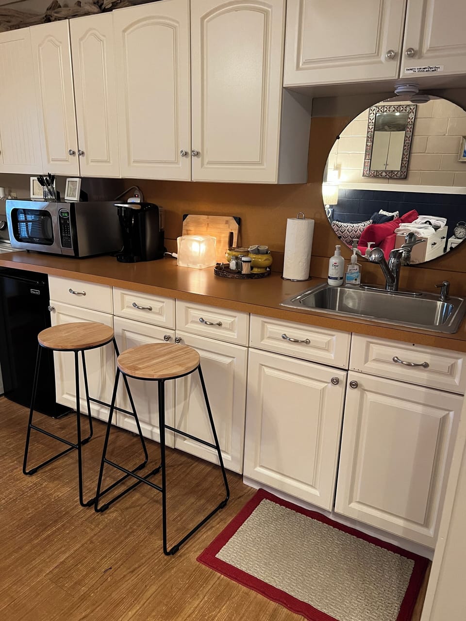 Kitchen area - no stove, but lots of appliances for food preparation. 