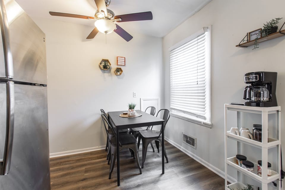 Comfy dining table with steel chairs