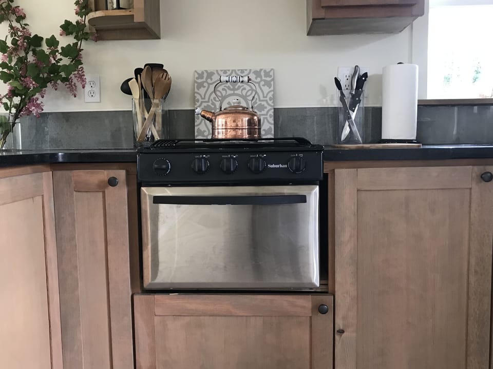 A propane stove/oven, toaster, crock pot, electric tea kettle, fridge/freezer...