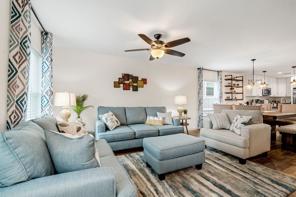 Take a break in the living room, enjoy the new furniture, and large screen TV when you have some downtime. 