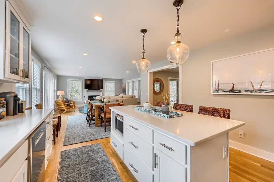 Overview of kitchen, dining and family room
