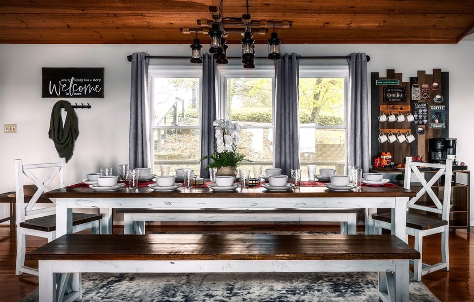 Gather everyone around our oversized farmhouse dining table, thoughtfully designed to truly accommodate 12 guests comfortably so nobody gets left out of the conversation.