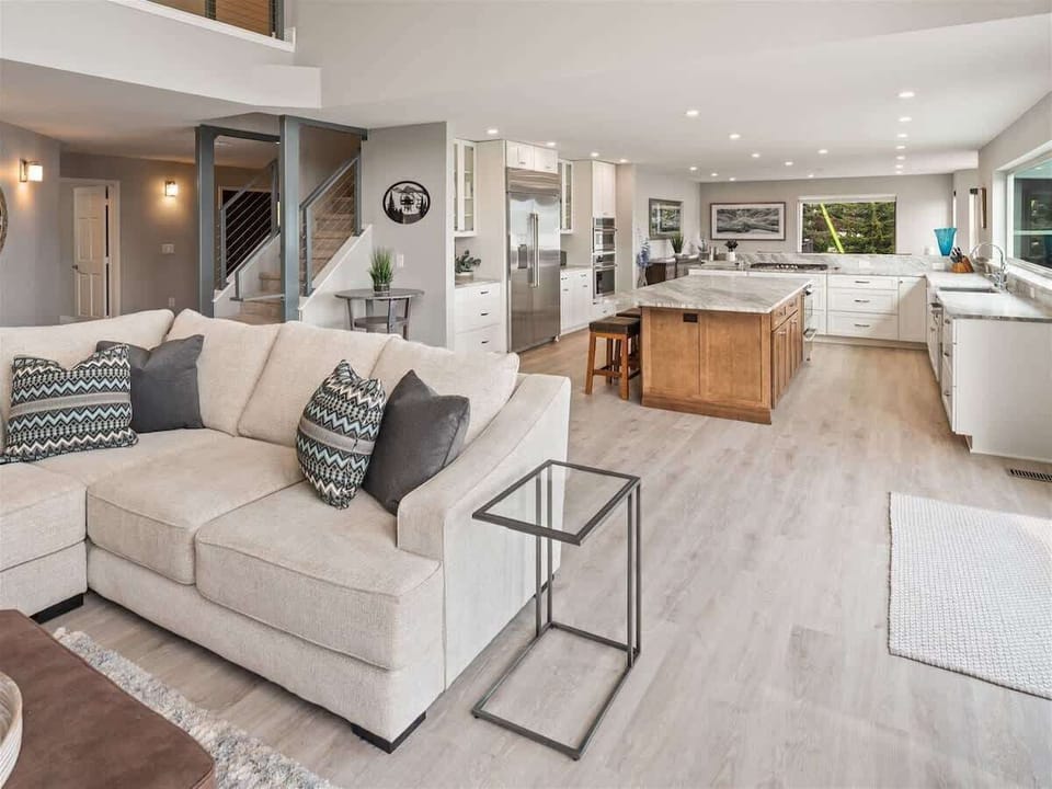 Living room, kitchen, and dining room