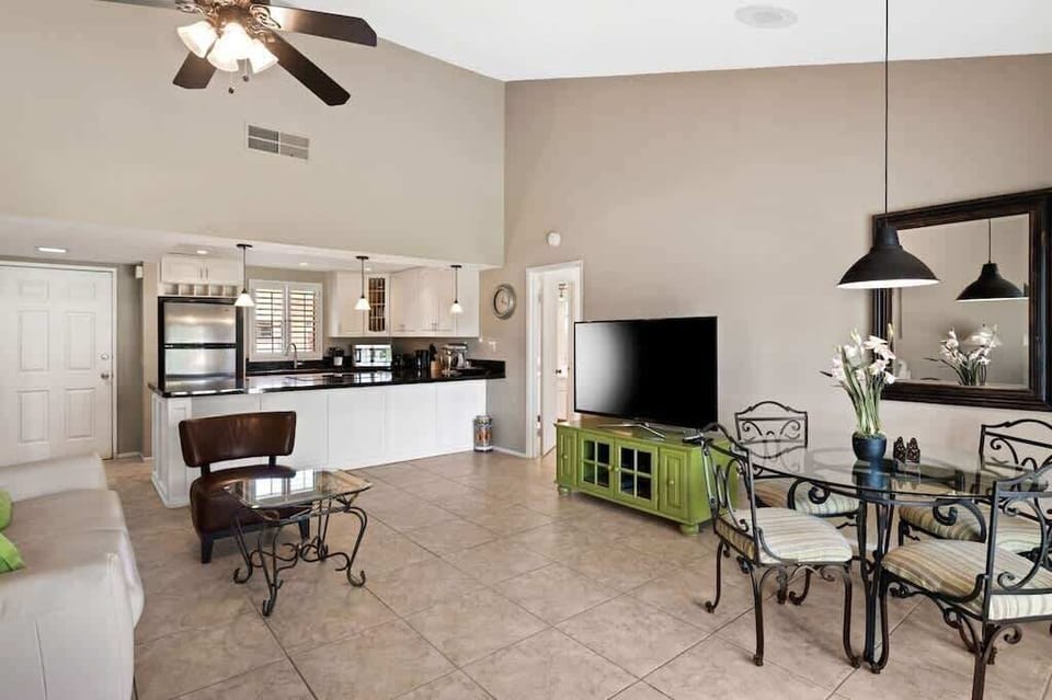 Kitchen connected to living room.