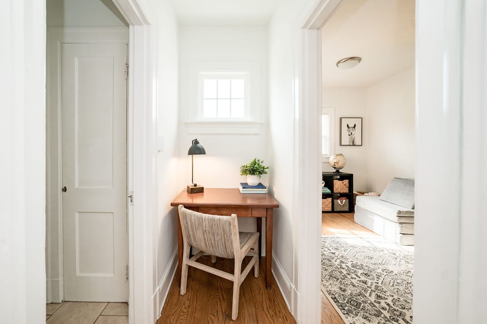 Alcove just outside the bathroom can be used as a vanity