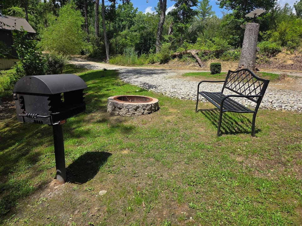 Fire pit, bench and charcoal grill