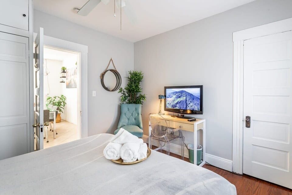 Comfortable beds and calming decor for a restful sleep.  With a television.