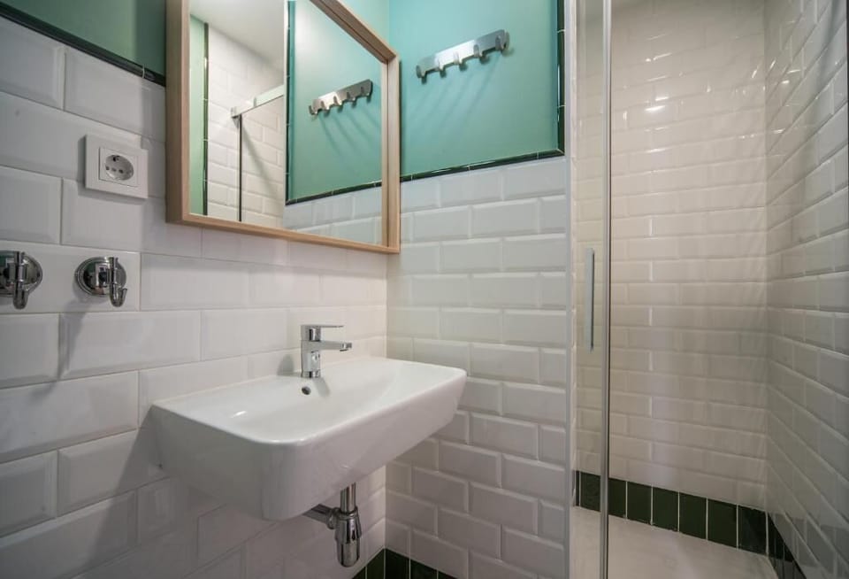 Shower, hair dryer, towels, toilet paper