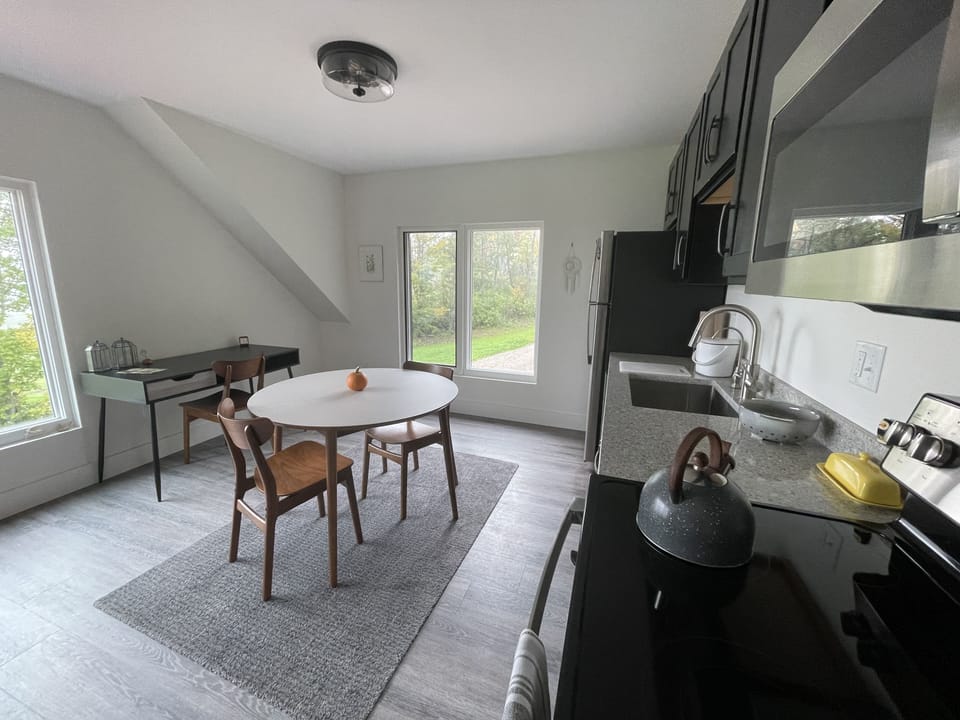 Kitchen, dining area and desk.