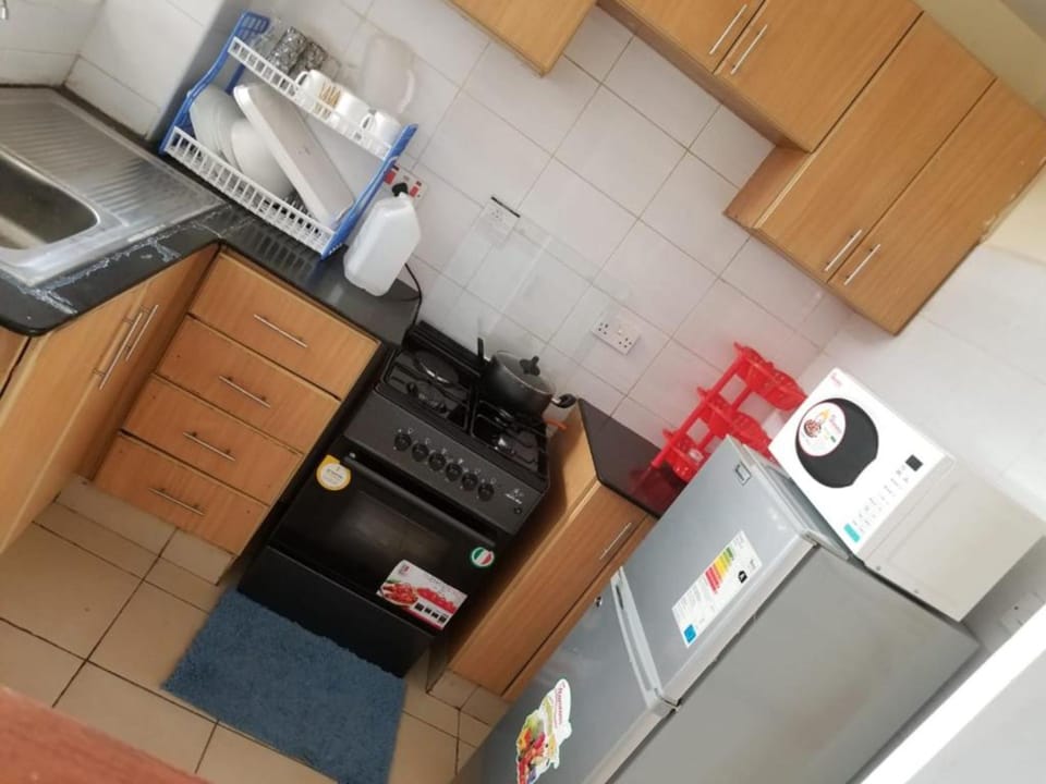 Full-size fridge, microwave, stovetop, blender