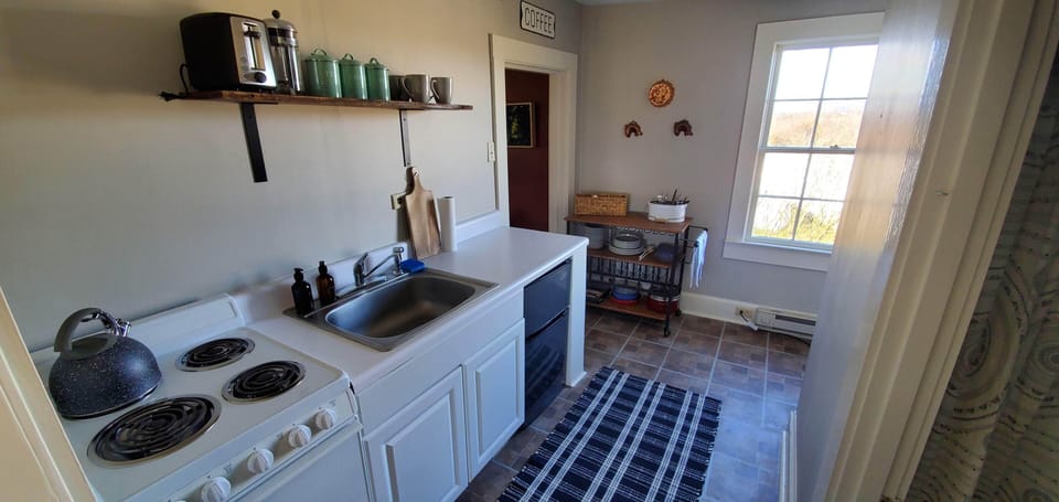 Kichen-mini fridge, stove, oven toaster, french press & kettle