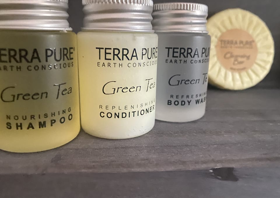 Complimentary shampoo, conditioner, body wash and soap