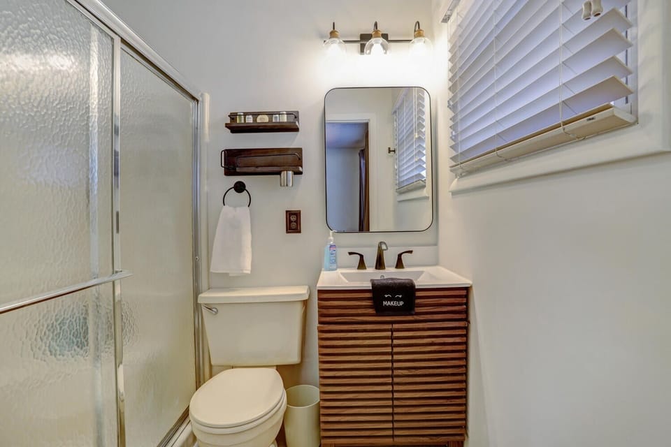 Master bath with large shower. Towels, hair dryer and shampoos all provided.