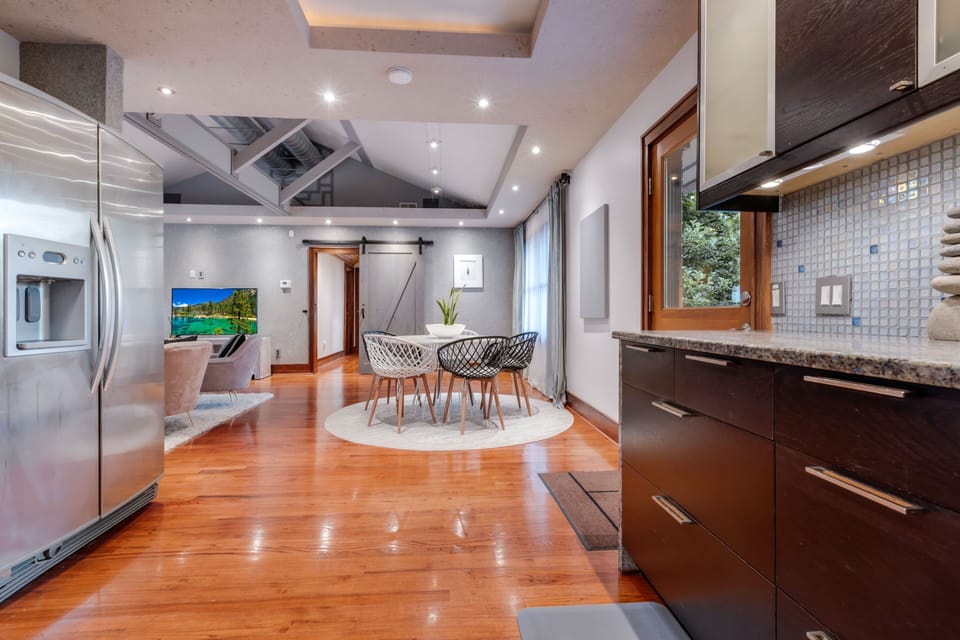 Open unique design space concept connects kitchen, dining area and living area