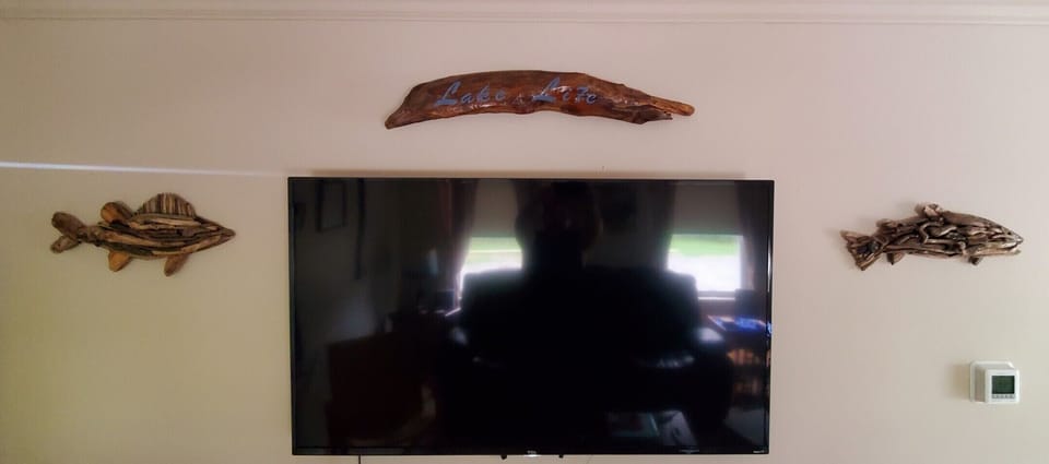 decorations made from Lake Erie driftwood surround the 55" smart tv