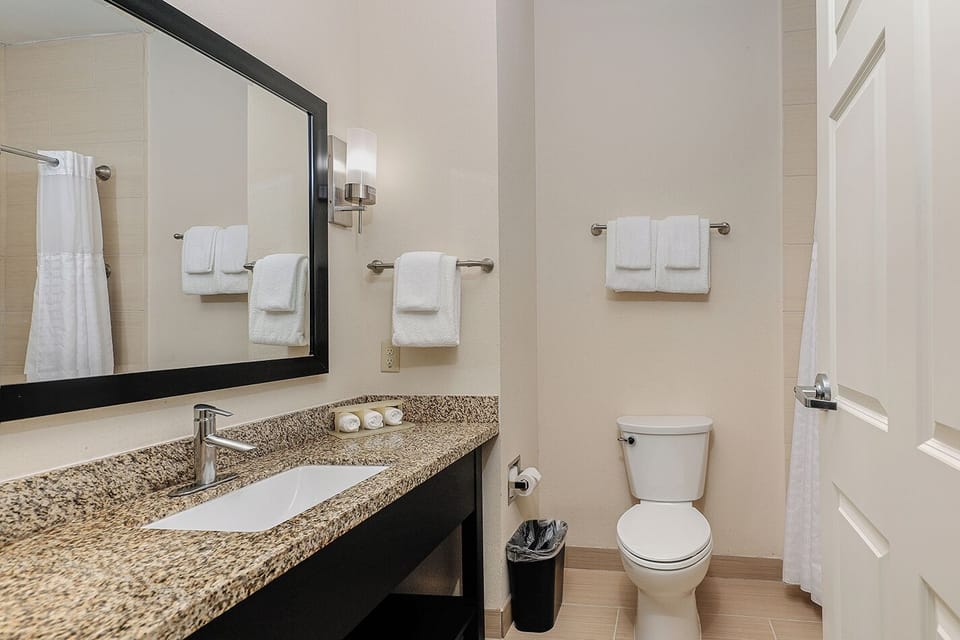 Combined shower/tub, free toiletries, hair dryer, towels