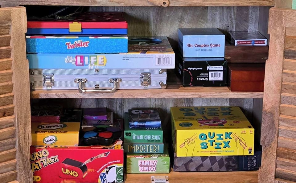 Enjoy several board games designed for all different ages, from simple and colorful games for young children to more strategic challenges for teens and adults. Each game encourages fun, learning, and social interaction, making it perfect for families