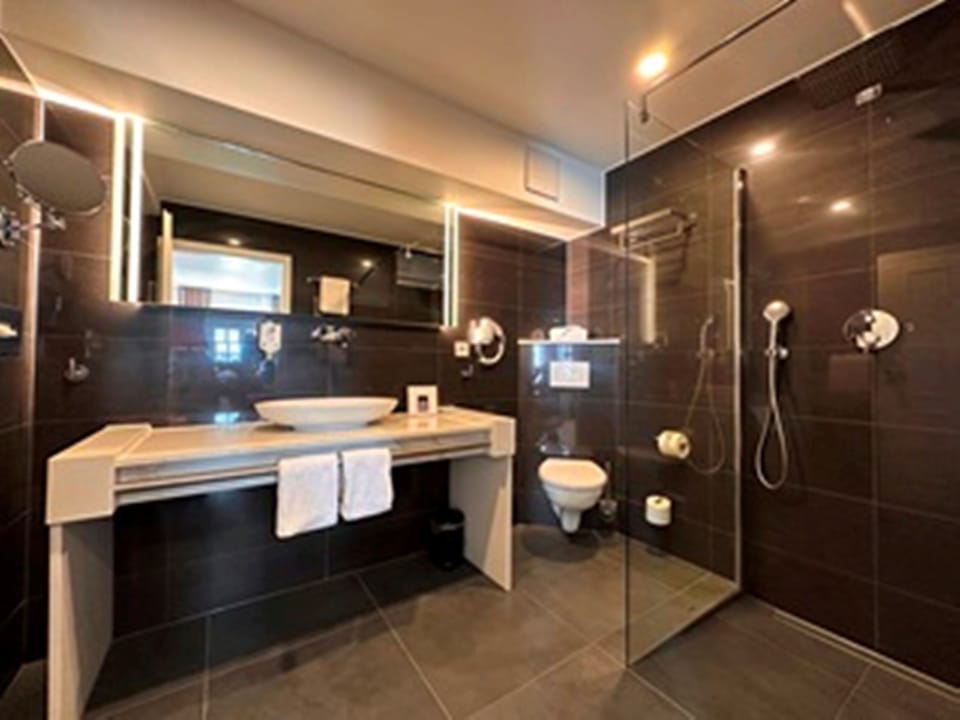Shower, rainfall showerhead, free toiletries, hair dryer