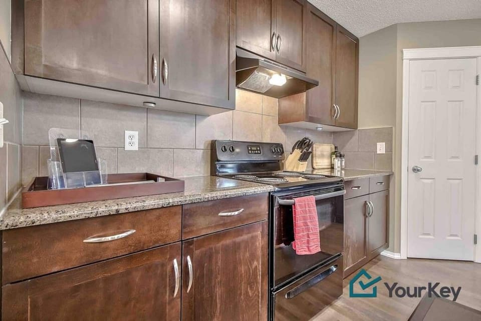 Gorgeous kitchen. This is also where you’ll find the tablet, guest guide, wifi QR code, keys and more 