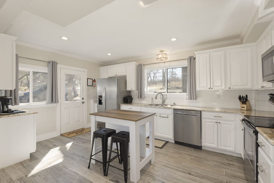 The spacious kitchen is on the lower level.