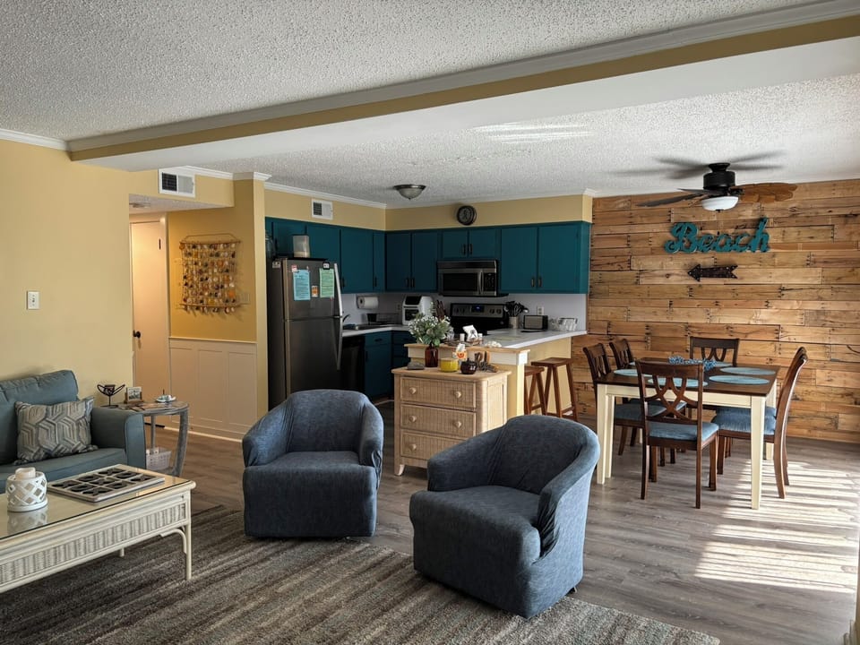 Living Room, Dining Room & Kitchen