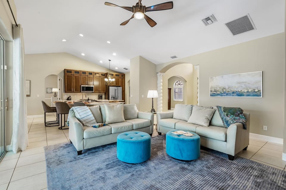 The kitchen is located right off the living area