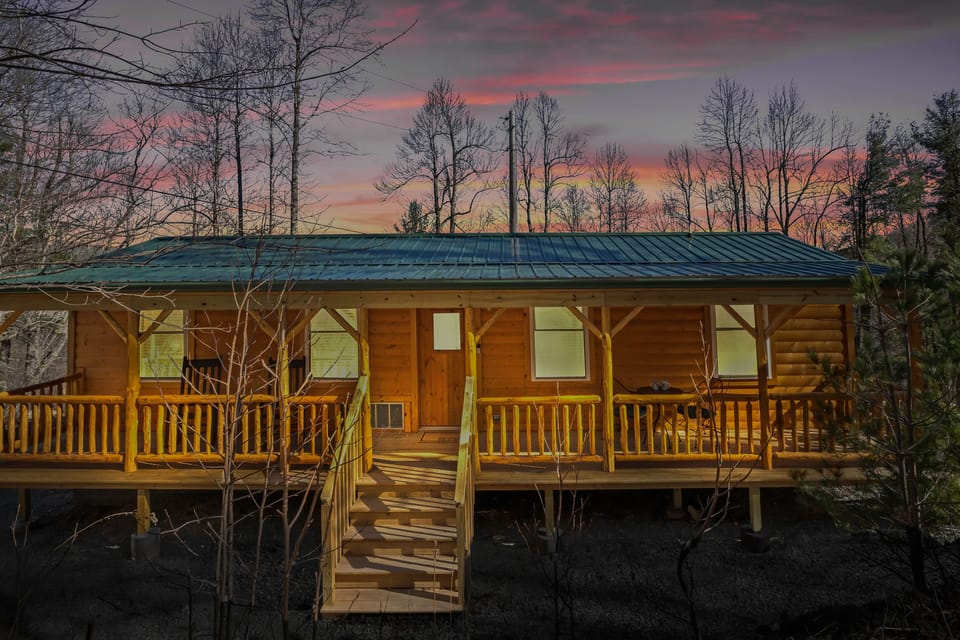 The cabin is nestled in a private wooded 0.9 acre lot.