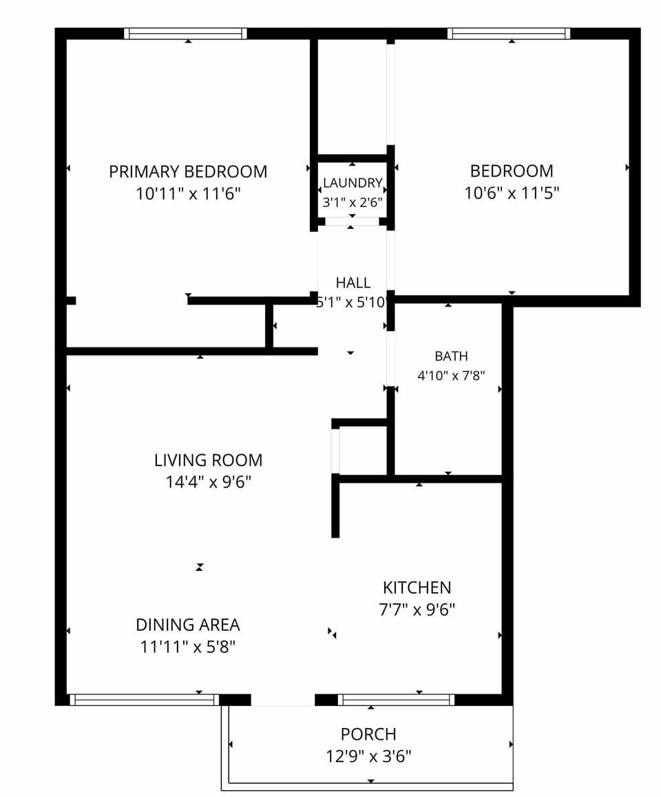 2-bedroom layout with separate living, dining, laundry & front porch