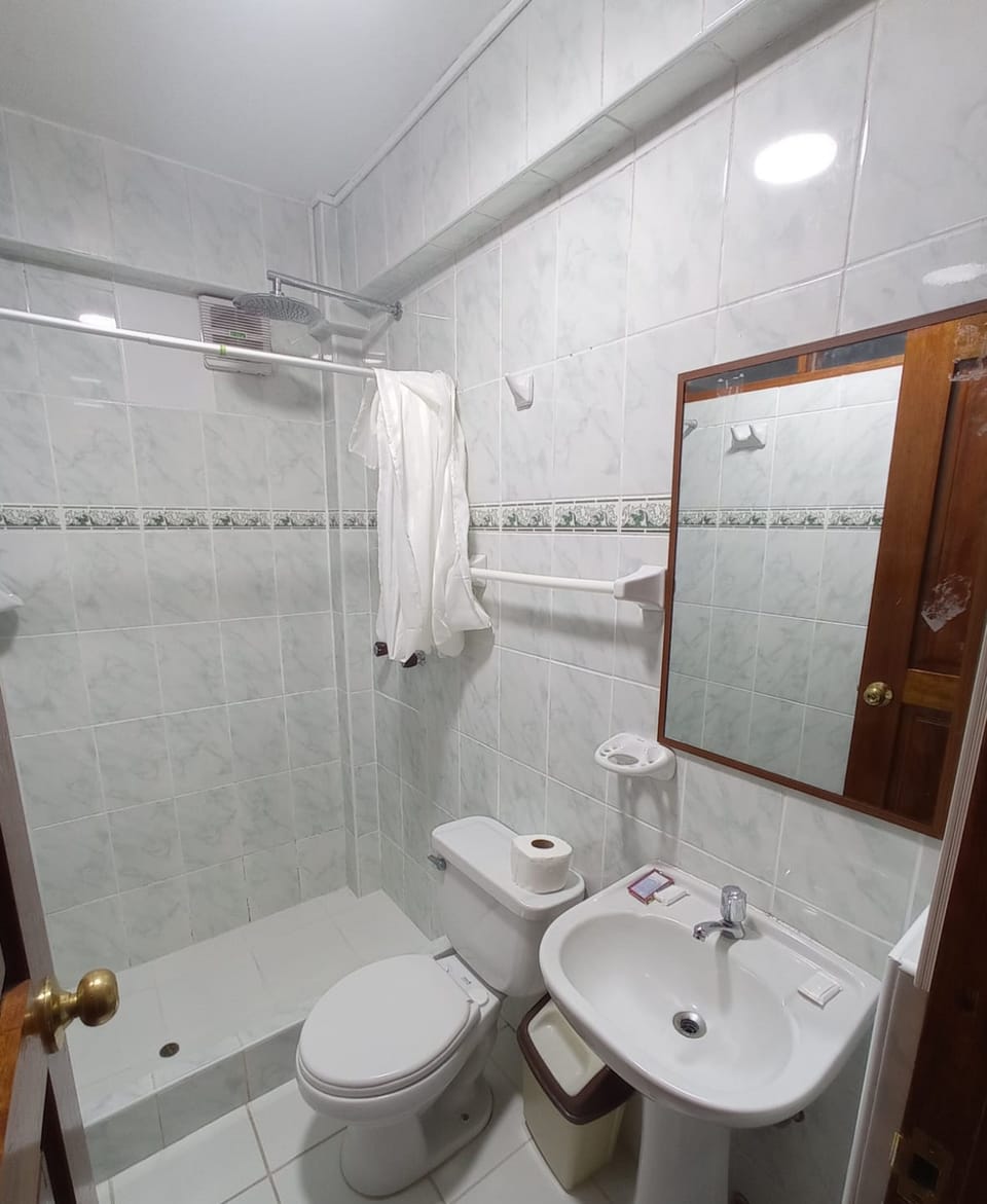 Shower, rainfall showerhead, towels, soap