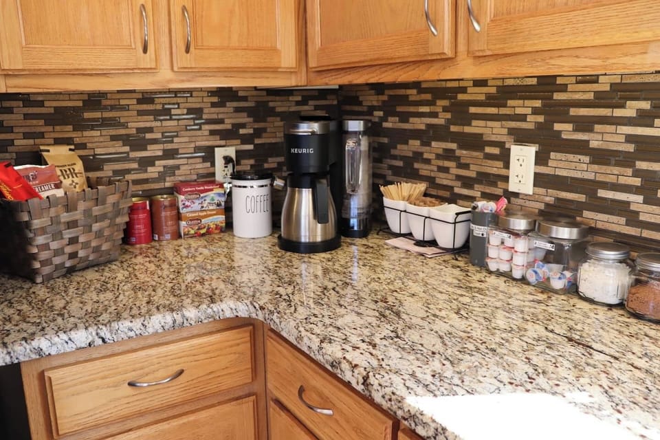 Coffee bar with organic coffee, organic sugar, and tea to choose from. 