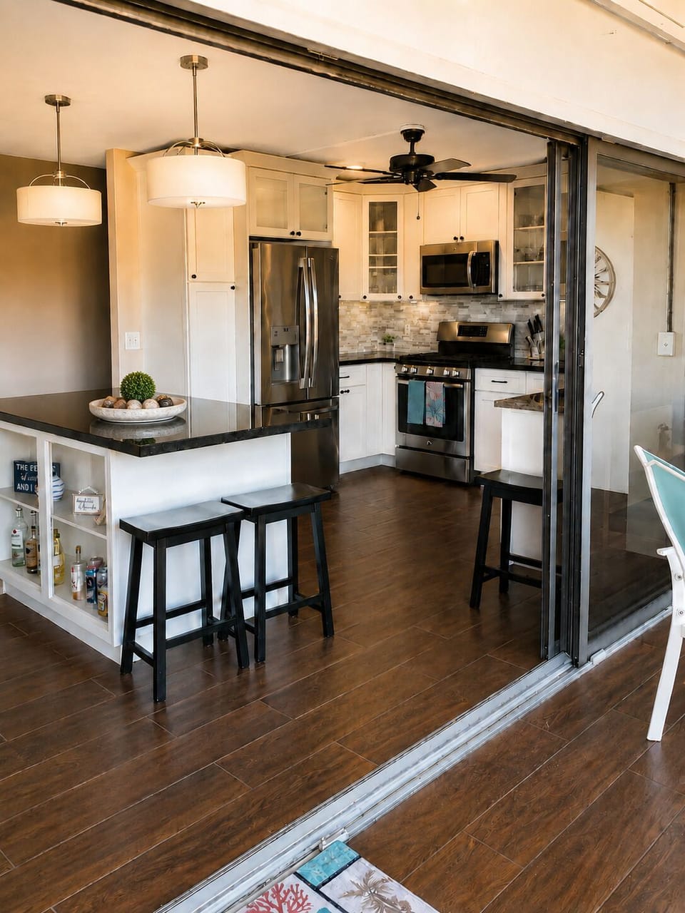 Fully furnished kitchen with cookware, dishes, etc. Eat out or stay in.