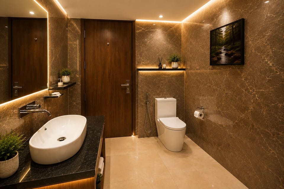 Shower, hydromassage showerhead, designer toiletries