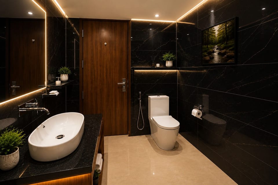 Shower, hydromassage showerhead, designer toiletries