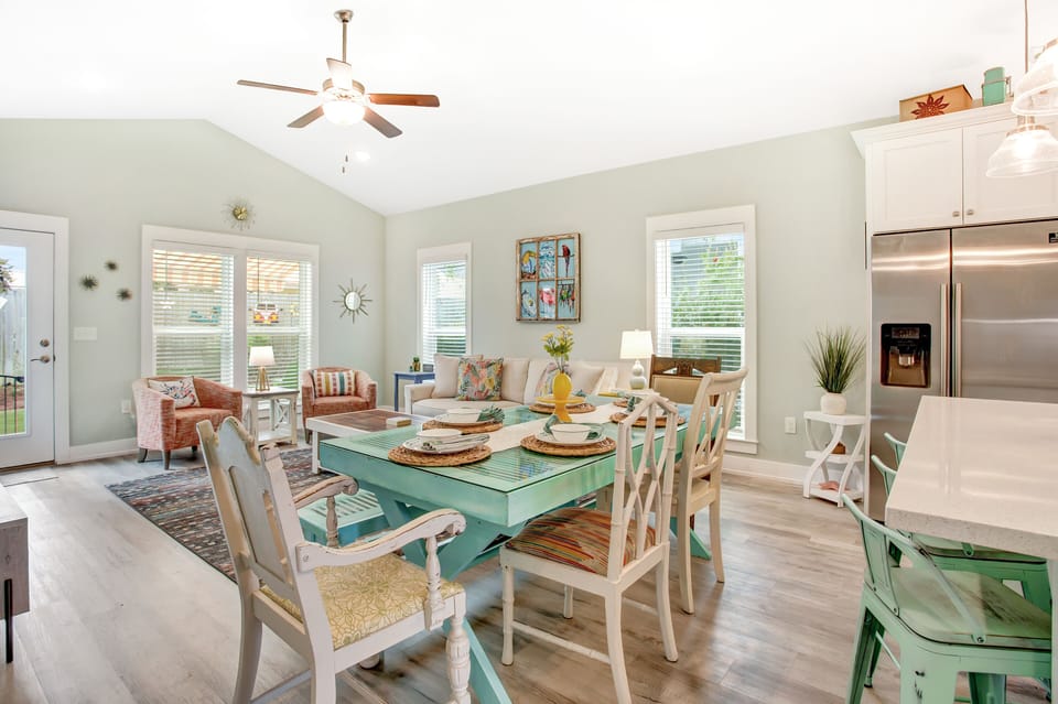 You can comfortably seat 8-9 including our kitchen island.