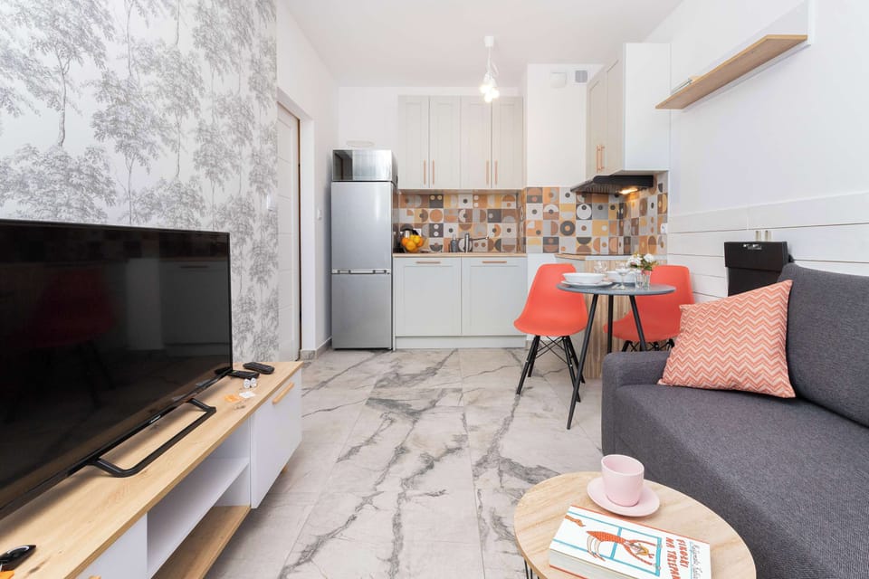 Living room with a sofa bed, TV with internet access and kitchenette with dining area.
