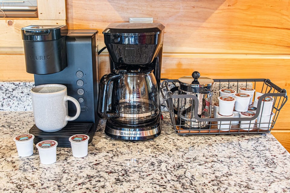 Tea Kettle, Drip Pot, Keurig and French Press are provided