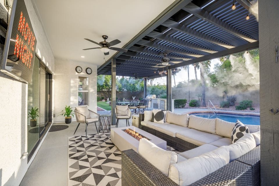 Outdoor covered patio with misters.