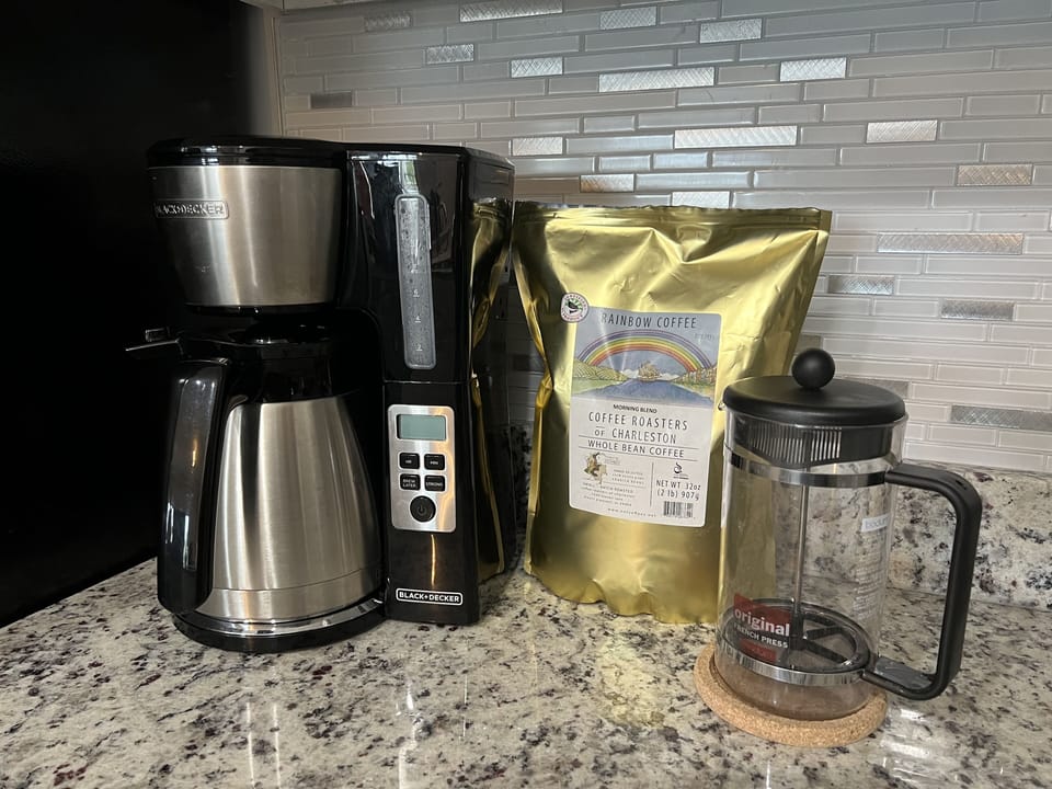 Traditional coffee maker & French press for enjoying morning coffee on the patio