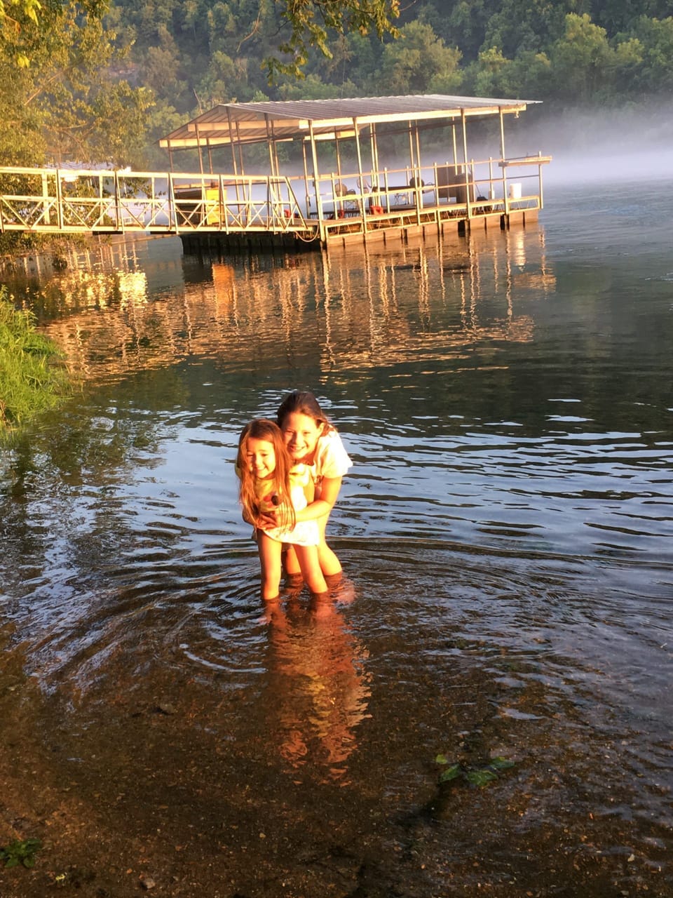 Wading in the river.