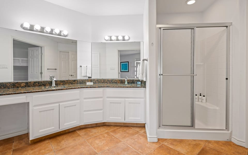 Master Bathroom — Granite Corner Vanity & Walk-In Shower