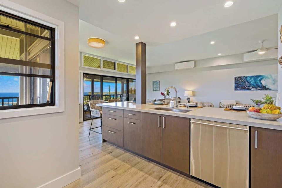 You will enjoy the gorgeous ocean views in this fully equipped kitchen. All the kitchen amenities you would ever need! 