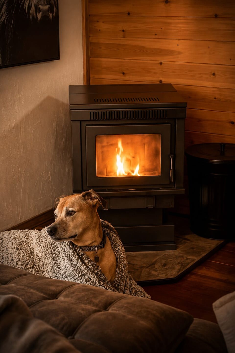 Dog relaxing by pellet stove in pet-friendly mountain cabin