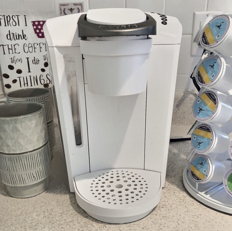 Keurig coffee maker and a variety of coffees for your morning joe fix. 