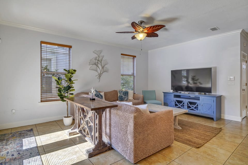 Sunny living room with smart TV