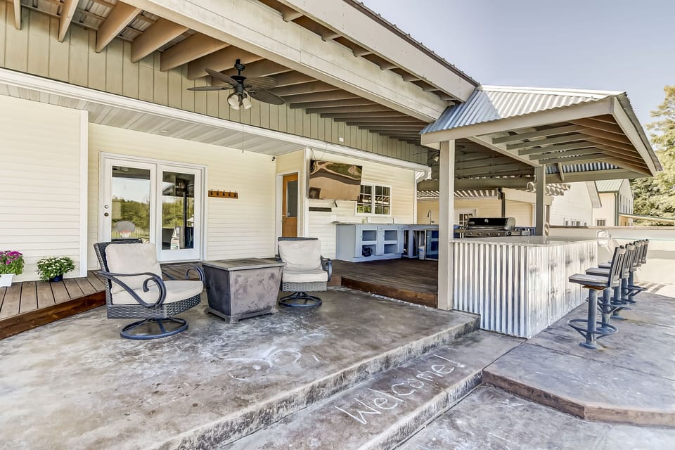 Outside grill with bar and gas fire table -propane provided