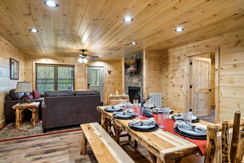 Dine together, then relax by the fireplace — all in one open, spacious room