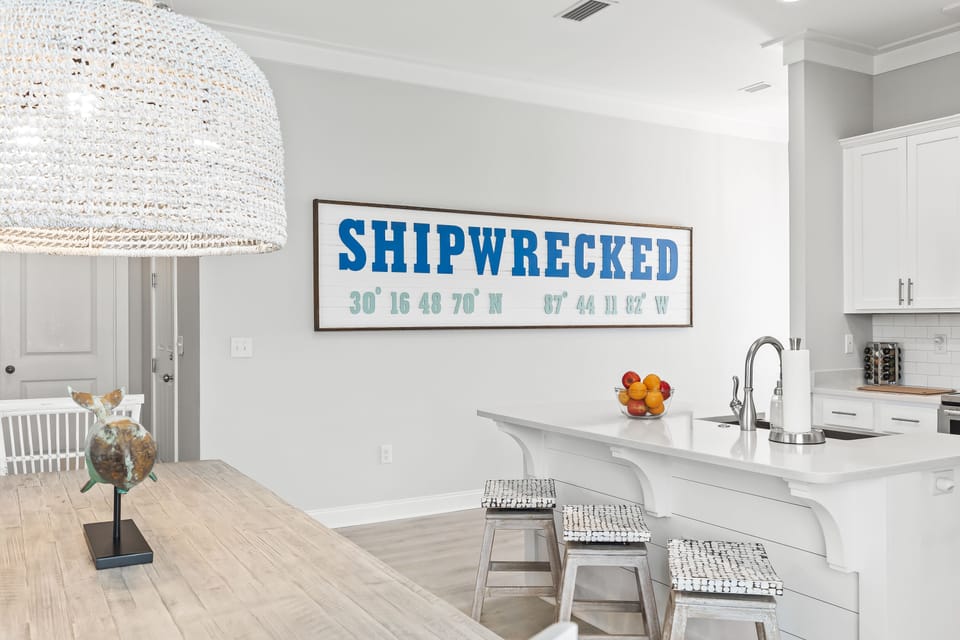 "Shipwrecked"'s beautiful kitchen and professionally designed coastal decor!